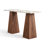 Alternate view of Hadlino Marble Console Table, showing veined top and tapered panel supports in a balanced home interior.