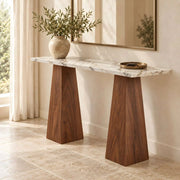 Close-up of Hadlino Marble Console Table, highlighting marble Top with Engineered Wood for a modern entryway interior.