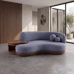Helovy Blue Plush 3-Seater Sofa with Side Table