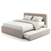 Hensylona Taupe Kids Trundle Bed: a plain padded headboard, taupe upholstery and white quilted bedding on a white background.