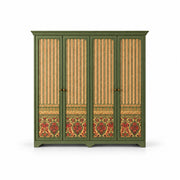 Herylosara Green 4 Door Cabinet, with four decorative doors and gold-tone vertical details against a white backdrop.