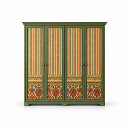 Herylosara Green 4 Door Cabinet, with four decorative doors and gold-tone vertical details against a white backdrop.
