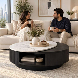 Alternate view of Heshro White Marble Storage Coffee Table, showing round layered tabletop in a balanced home interior.