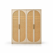 Hingimola Cream 4 Door Cane Wardrobe, with paired brass-tone pulls and rounded woven inserts against a white backdrop.