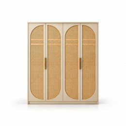 Hingimola Cream 4 Door Cane Wardrobe, with paired brass-tone pulls and rounded woven inserts against a white backdrop.