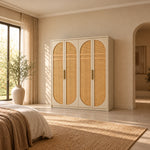 Hingimola Cream 4 Door Cane Wardrobe displays a pale outer case together with cream door framing against a bedroom wall.
