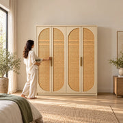 Hingimola Cream 4 Door Cane Wardrobe with a woman at the front of the wardrobe; cream door framing and a pale outer case.