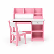 Homkona Pink Kids Study Desk with Chair combines a drawer above open shelves with a white desktop on a white background.