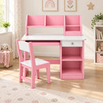 Homkona Pink Kids Study Desk with Chair pairs a matching pink chair with a pink storage hutch beside a playroom window.