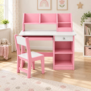 Homkona Pink Kids Study Desk with Chair pairs a matching pink chair with a pink storage hutch beside a playroom window.
