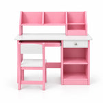 Homkona Pink Kids Study Desk with Chair viewed from the front, featuring a matching pink chair and a pink storage hutch.
