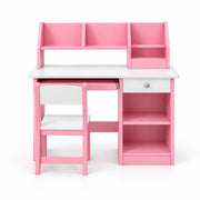 Homkona Pink Kids Study Desk with Chair viewed from the front, featuring a matching pink chair and a pink storage hutch.