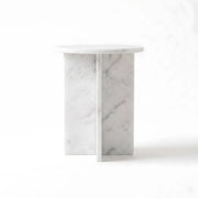 Alternate view of Inolisy White Marble Side Table, showing round top with a white-grey and warm beige marble-look appearance.