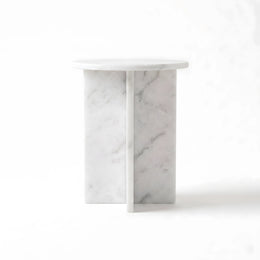 Alternate view of Inolisy White Marble Side Table, showing round top with a white-grey and warm beige marble-look appearance.