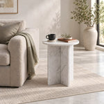 Close-up of Inolisy White Marble Side Table, highlighting round top with a white-grey and warm beige marble-look appearance.