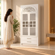 Ishita Premium White Pooja Mandir with Arched Jali Doors