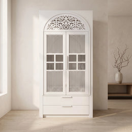 Ishita Premium White Pooja Mandir with Arched Jali Doors