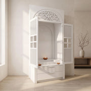 Ishita Premium White Pooja Mandir with Arched Jali Doors