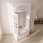 Ishita Premium White Pooja Mandir with Arched Jali Doors