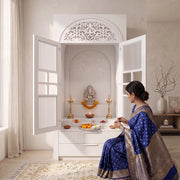 Ishita Premium White Pooja Mandir with Arched Jali Doors