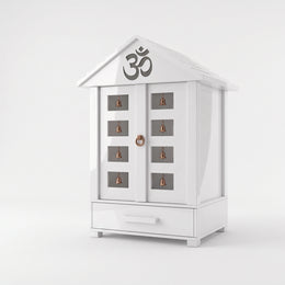 Alternate view of Ishvara Premium White Pooja Mandir with Bell, showing om Motif for a closer look at the product design.