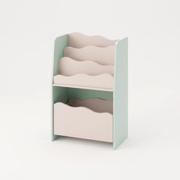 Alternate view of Javy Kids Bookcase, showing wave-shaped shelves and multiple storage compartments in a modern home setting.