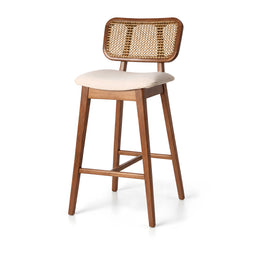 Second view of Julsenro Wooden Cane Back Bar Stool, highlighting woven cane backrest and cushioned upholstered seat.