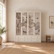 Jungosy 4 Door Wardrobe with Drawers: a classic cornice, four lower drawers and animal illustrations in a sunlit bedroom.