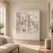 Jungosy 4 Door Wardrobe with Drawers displays a classic cornice together with four lower drawers against a bedroom wall.