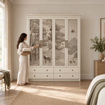 Jungosy 4 Door Wardrobe with Drawers beside a woman reaching toward the door; four lower drawers and framed white doors.