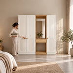 Kapilosa 3 Door Wardrobe with Dressing Mirror with a woman at the front of the wardrobe, showing small brass-tone pulls.