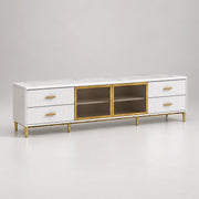 Kavonsa White Marble Top TV Unit: slender gold-tone legs, a white marble top and four side drawers against a grey backdrop.