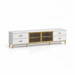 Kavonsa White Marble Top TV Unit shown with gold-framed glass doors, a rectangular white body and slender gold-tone legs.