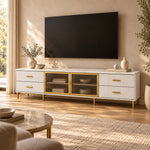 Kavonsa White Marble Top TV Unit, showing slender gold-tone legs and a rectangular white body beside living room seating.