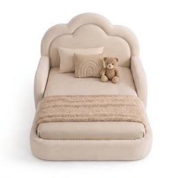 Alternate view of Kelmi Beige Kids Toddler Bed with Cloud Headboard, showing upholstered Frame in a modern home setting.