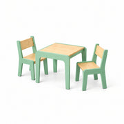 Kidmesho Kids Table with 2 Chairs shown with a square wood tabletop, horizontal chair backs and pale wooden chair seats.