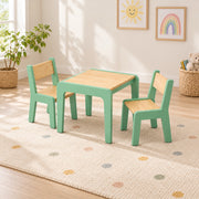 Kidmesho Kids Table with 2 Chairs among playroom books and toys, showing mint-green frames alongside two matching chairs.