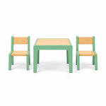 Kidmesho Kids Table with 2 Chairs viewed from the front: a square wood tabletop, mint-green frames and two matching chairs.