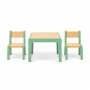 Kidmesho Kids Table with 2 Chairs viewed from the front: a square wood tabletop, mint-green frames and two matching chairs.