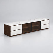 Labeliny White Marble Top TV Unit displays a white marble top together with white drawer fronts against a grey backdrop.