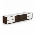 Labeliny White Marble Top TV Unit: white drawer fronts, a recessed base and a walnut-brown frame on a white background.