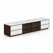 Labeliny White Marble Top TV Unit: white drawer fronts, a recessed base and a walnut-brown frame on a white background.