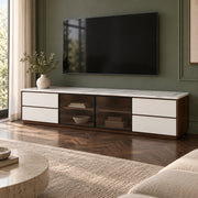 Labeliny White Marble Top TV Unit, detailed with a walnut-brown frame and white drawer fronts beside living room seating.