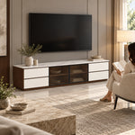 Labeliny White Marble Top TV Unit, a recessed base and white drawer fronts, with a woman beside the living room media wall.