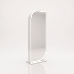 Alternate view of Leafaly White Salon Mirror Stand, showing full-length mirror and arched design for a modern salon interior.