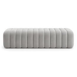 Second view of Leechory Grey Upholstered Accent Bench, highlighting vertical channel upholstery and rounded corners.