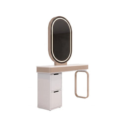 Alternate view of Legrosy White LED Salon Mirror Station, showing led-lit oval mirror and spacious console surface.