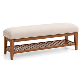 Second view of lemovy Cream Upholstered Bench, highlighting piped cushion in a clean, contemporary entryway setting.