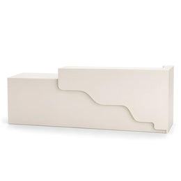 Alternate view of Lexmino White Modern Salon Reception Desk, showing spacious countertop and stepped wave front design.
