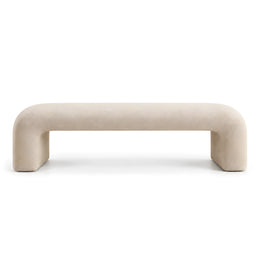 Alternate view of Lillypora Beige Bouclé Bench, showing rounded silhouette in a clean, contemporary entryway setting.